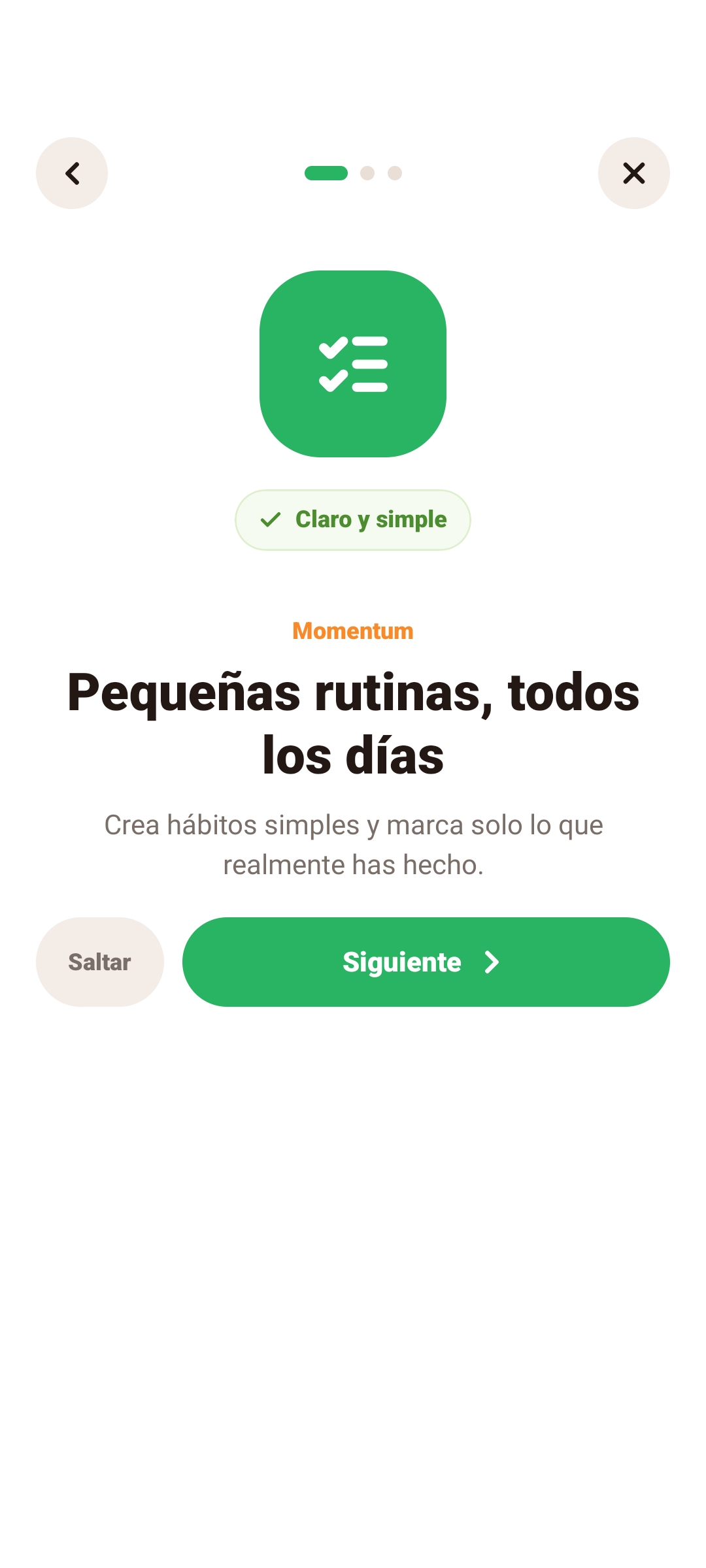 Pantalla de bienvenida de Momentum