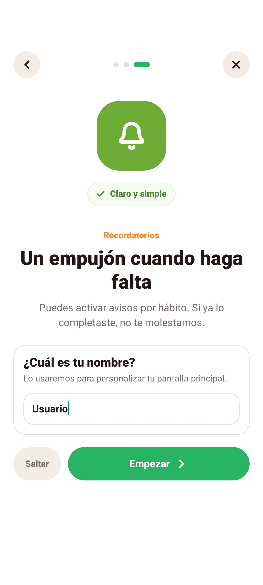 Pantalla informativa del onboarding de Momentum